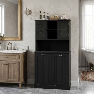 Armoire à poubelle double inclinable de 60 po de hauteur avec 2 tablettes réglables, armoire autoportante avec portes, panier à linge inclinable avec rangement
