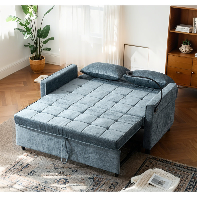 Loveseat Sofa Bed, Dual USB Ports & Phone Holder, Blue