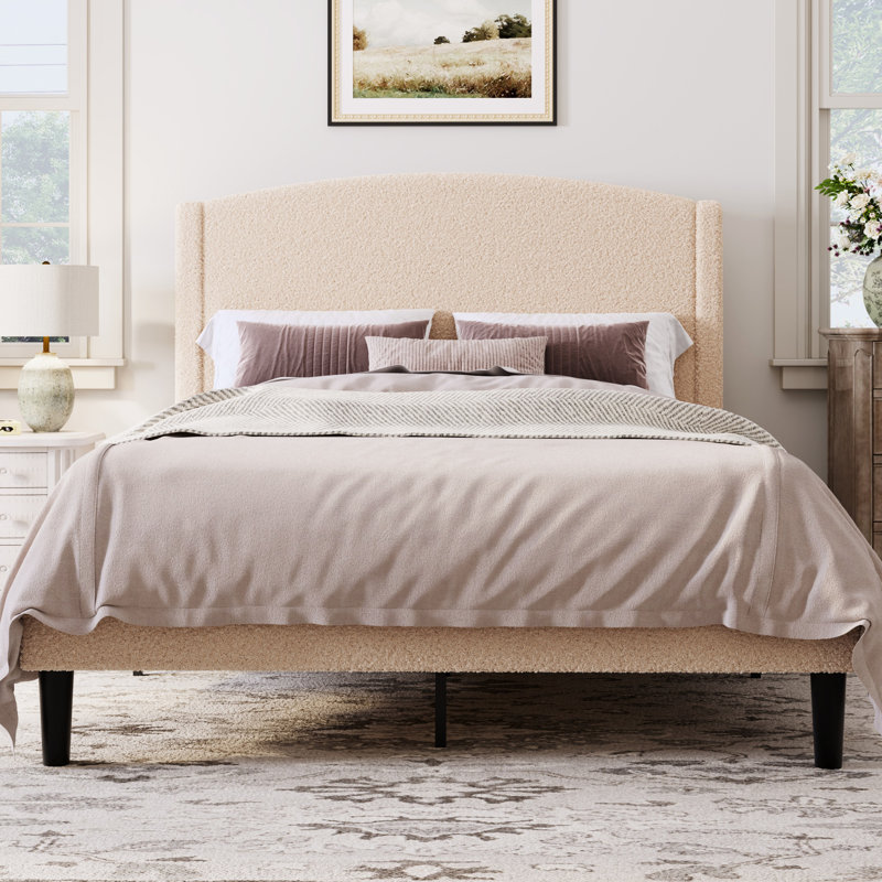Lit plateforme tapissier Chic Teddy, Lit double, Beige