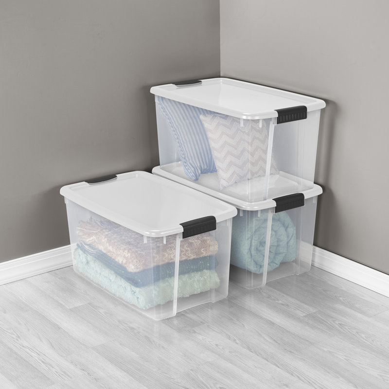 Sterilite 70 Qt Clear Plastic Stackable Storage Bin w/ White Latch Lid, (8 Pack), 8 70-Quart totes