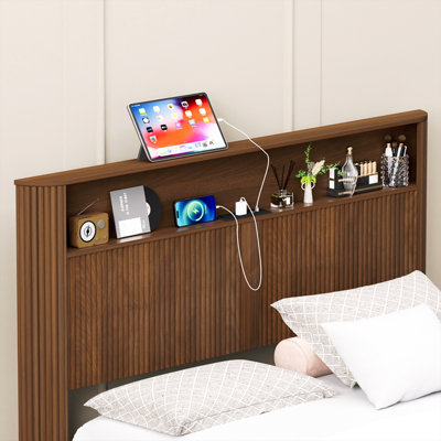 Queen Size bed frame with storage headboard, built-in charging station, wavy curved lines design, silent operation, metal support, Walnut