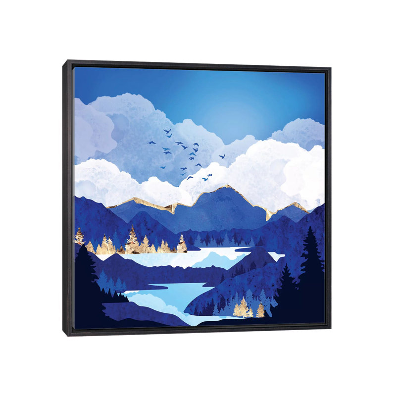 «Blue Lake», reproduction d'impression, 26" H x 26" W x 1.5" D, Pas de tapis, Toile avec cadre noir patiné