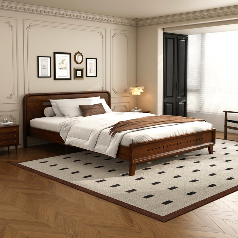 Lit en bois de pin massif, grand et stable, sans sommier, couleur noyer foncé, Noyer foncé