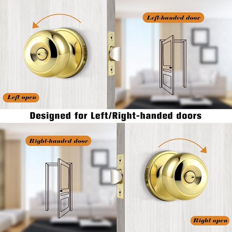 Privacy Door Knobs with Round Rosette, Keyless Lock, Polished Brass