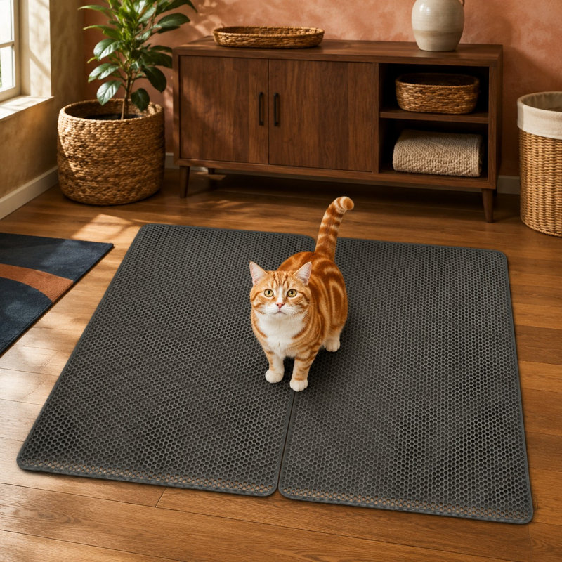 Gray 2-pack of 36 x 25 in medium honeycomb litter trapping mats with BPA-free construction; the waterproof and urine-proof rugs help reduce mess, lift easily for cleaning, and work as litter catchers around the box.