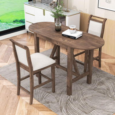 Bibeta 3 - Piece Extendable Trestle Dining Set, Wood Table with Drop Leaf and Upholstered Chairs