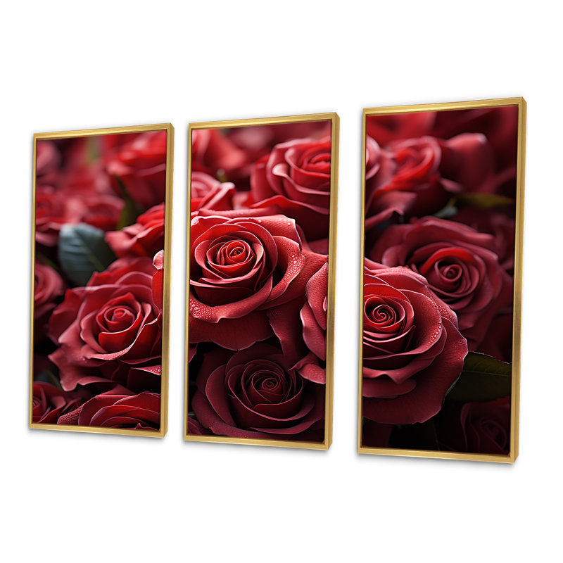 «Crimson Rose Passion I - Roses», ensemble d'art sur toile, Cadre flottant doré, H 28 po x l 36 po x P 1 po
