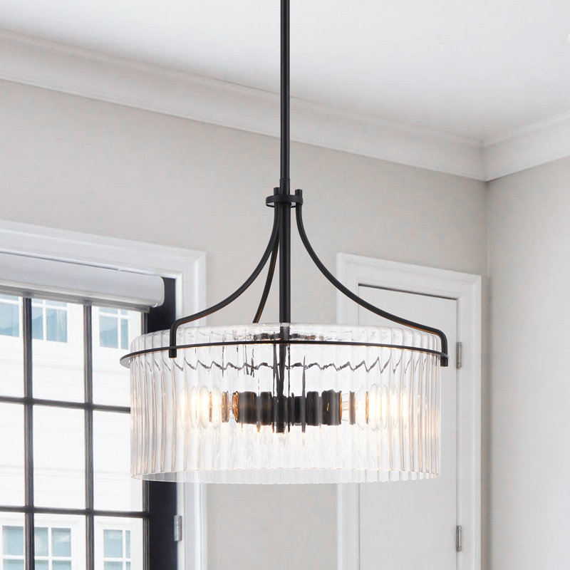 Luminaire suspendu 3 lumières noir avec verre côtelé transparent