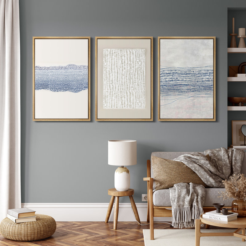 Geometric Line Blue Grunge Abstract Modern Neutral Pictures Frame Canvas 3 Piece Print Wall Art, Natural Framed