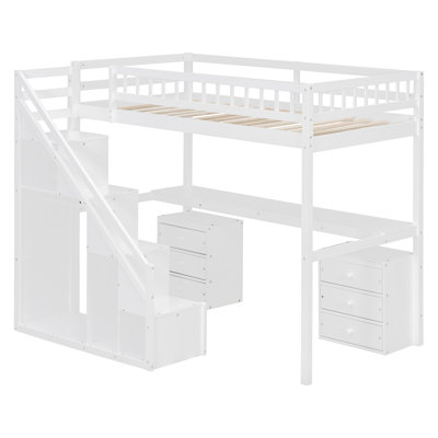 Lit mezzanine simple avec bureau, 2 commodes et bande lumineuse à DEL - Structure de lit en bois compacte, blanc