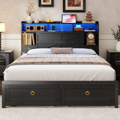 Full Size Storage Bed with 2 Footboard Drawers and Storage Headboard, USB&AC Charging Station, APP & Remote RGB Lights, Farmhouse Industrial Platform Bed, Noise-Free, No Box Spring Needed