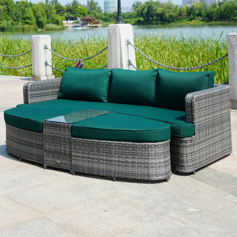 Anazco 89'' Wide Curved Patio Daybed with Cushions, Gray, Atrovirens