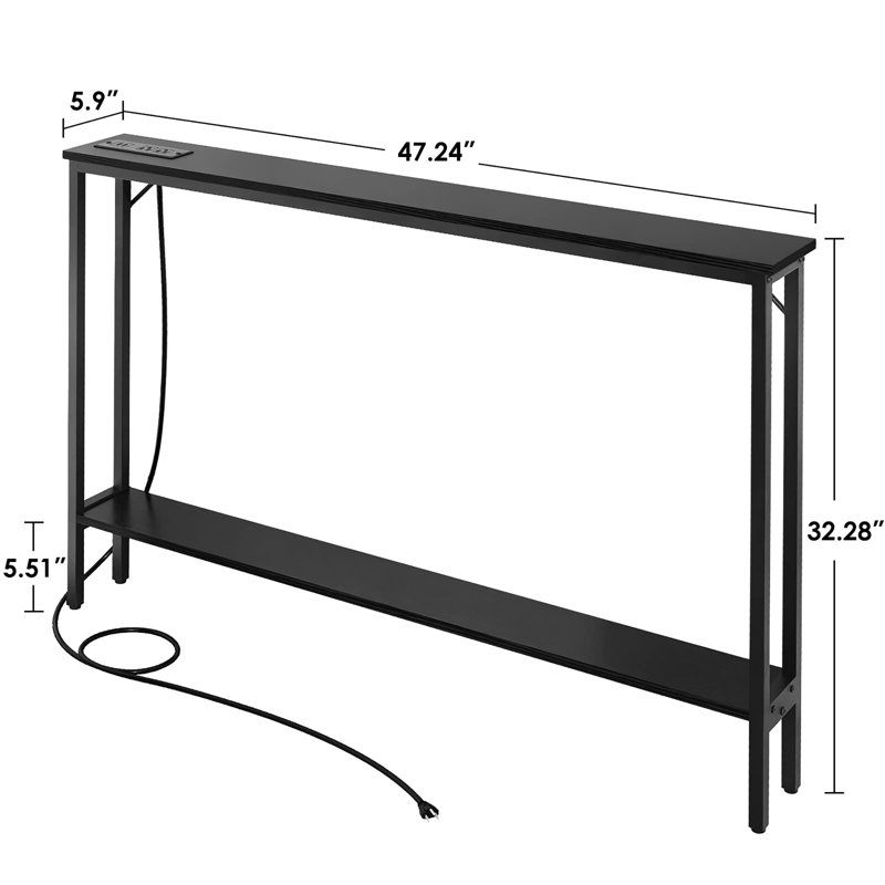 Sofa Table with Outlet and USB Port, 49" Console Behind Couch Table with Steel Frame,, Black