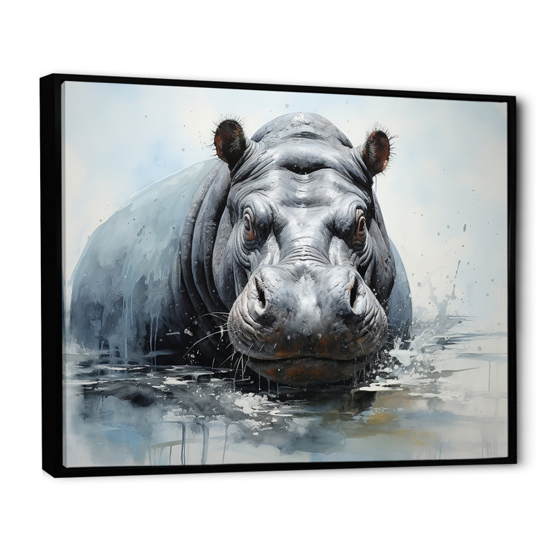 Minimalisme gris hippopotame sur toile, H 34 po x l 44 po x P 1,5 po, Cadre flottant noir