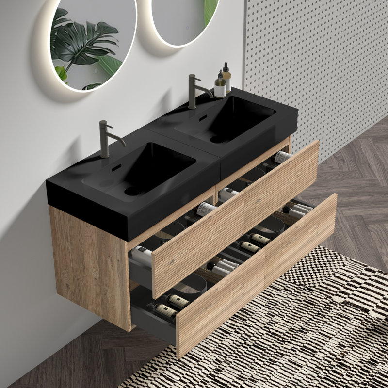 Meuble-lavabo flottant mural 48 po avec lavabo à quartz, Noir