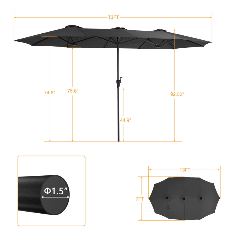 Grand parasol rectangulaire rectangulaire à double face pour marché, H 7 pi 7 po x l 13 pi x P 7 pi, Noir, noir, noir, noir