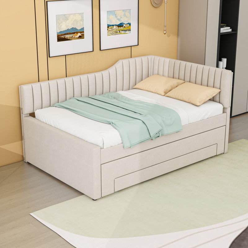 Upholstered Daybed with Trundle and 1 Drawer, Beige, Full/Double