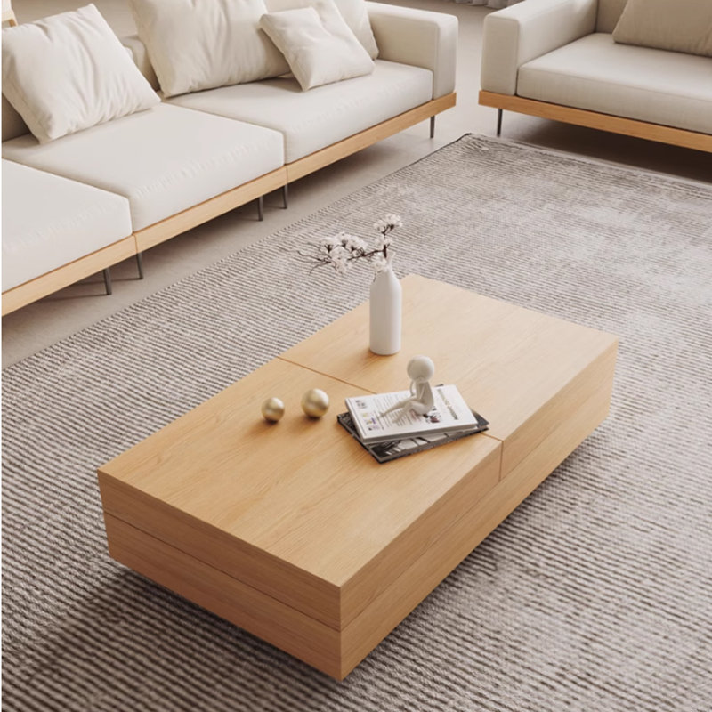 Wabi-Sabi Style Sliding-Top Rectangular Coffee Table in Solid Wood