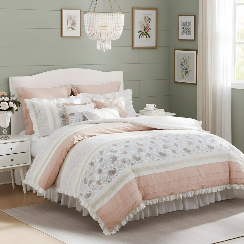 Ensemble d'édredon en coton percale 9 pièces, Très grand édredon et 8 pièces supplémentaires, Rosé