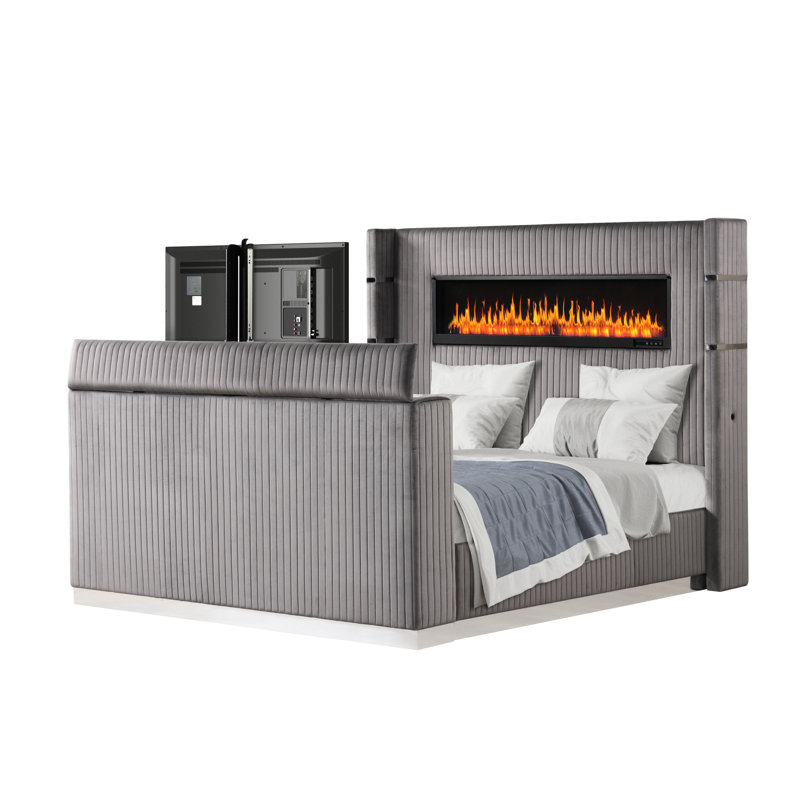 Contemporary Grey Queen Bed With Ambiance Fireplace Headboard & Functional Tv Stand Stylish