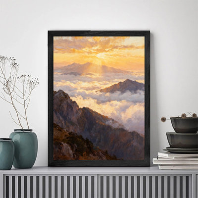 Art mural encadré noir montagne impressionniste - ciel doré et pic nuageux