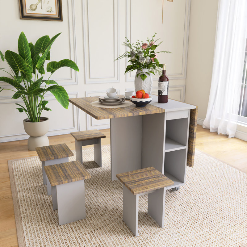 5-Piece Wood Top Folding Extendable Dining Table Set