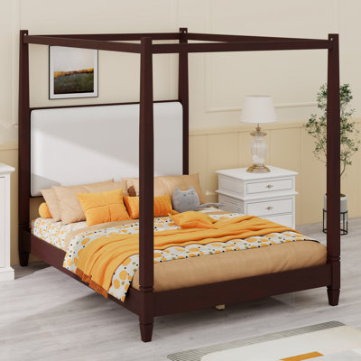 Canopy Bed with Upholstered Headboard, Platform Design and Wooden Slat Legs