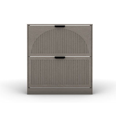 31.5" W 16 Pair Shoe Storage Cabinet, Arched Fluted 2 Door Wooden Entryway Shoe Organizer with Metal Handles & Adjustable Shelves