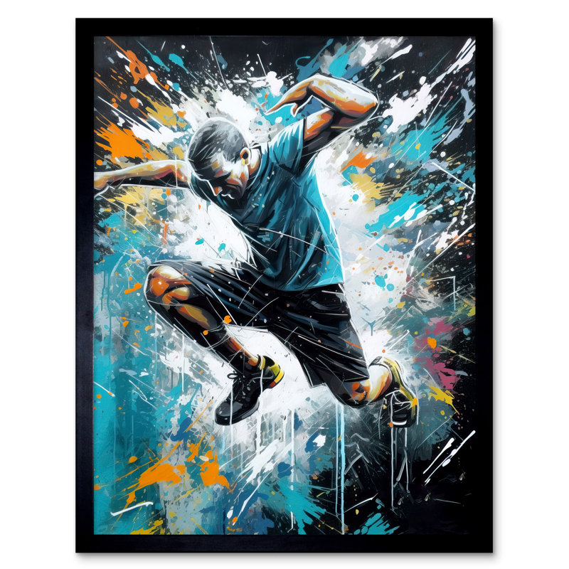 Aafi Man Doing Parkour Jump Pose Paint Splat Portrait - Single Picture Frame Print