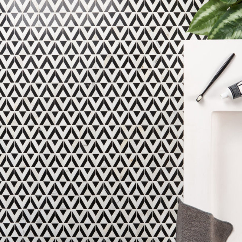 Monroe 8x8 Triangle Polished Marble Mosaic Tile, Black/White
