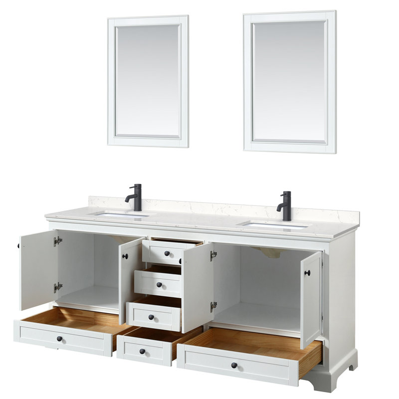 Ensemble de meuble-lavabo double 80 "avec miroir Deborah, Marbre de culture de Carrare, Blanc, Noir mat