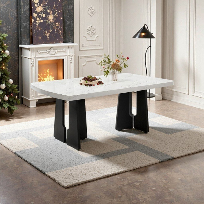 Table de salle à manger de 63 pouces en faux marbre avec base géométrique en MDF, Blanc et noir