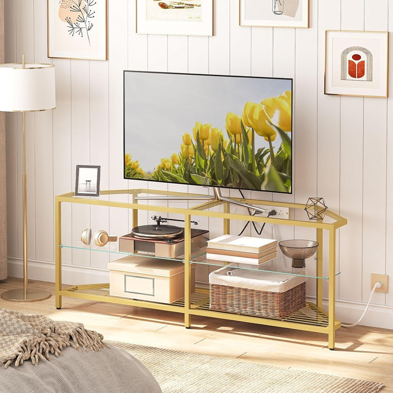Meuble télé de coin avec prise électrique, centre multimédia moderne avec étagères ouvertes, console multimédia en verre trempé pour salon et chambre, doré