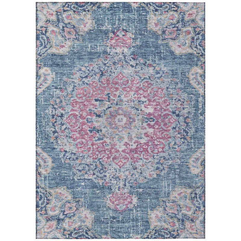 Tapis intérieur lavable à motif de médaillon floral 5 pi x 8 pi bleu