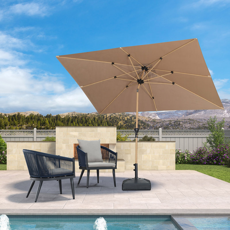 Parasol de patio 6,5 'x 10' avec base et parasol de marché avec manivelle et table rectangulaire en aluminium avec 8 nervures
