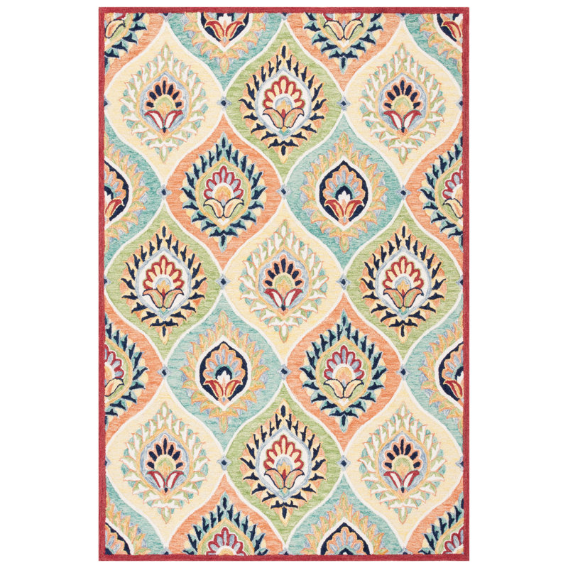 Marrie Tufted Wool Cotton With Latex Damask Rug in Rust/Green, Runner 2'3" x 8'