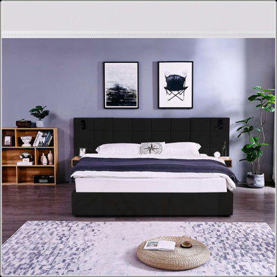 King Size Storage Velvet Upholstered Hydraulic Platform Bed with 2 Shelves, 2 Reading Lamps and USB Port, Beige