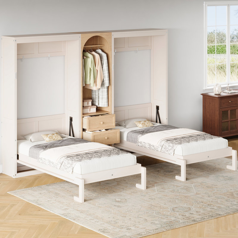 Deux lits simples escamotables avec garde-robe, rangement, 2 tiroirs, économie d'espace, beige et bois