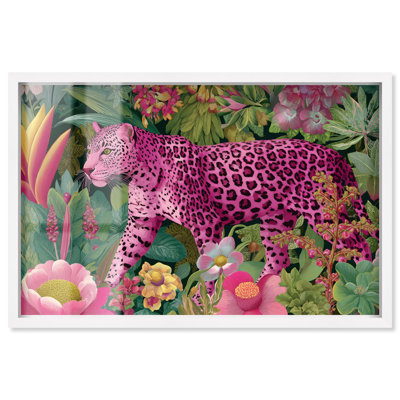 Décoration murale florale léopard rose par Art Remedy, cadre blanc, 46 x 31