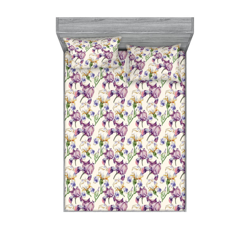 Ambesonne Fitted Sheet & Shams, Lilac/Ivory/Green Flower, Full Sheet Set with 2 Pillowcases