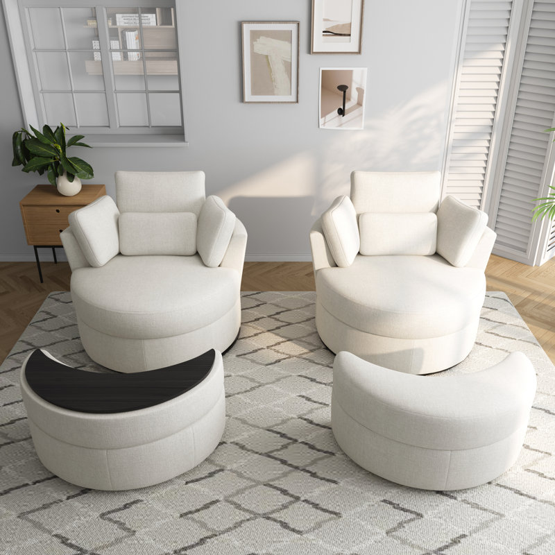 Upholstered Swivel Lounge Armchair With Storage Ottoman(Set of 2), Beige Polyester Blend