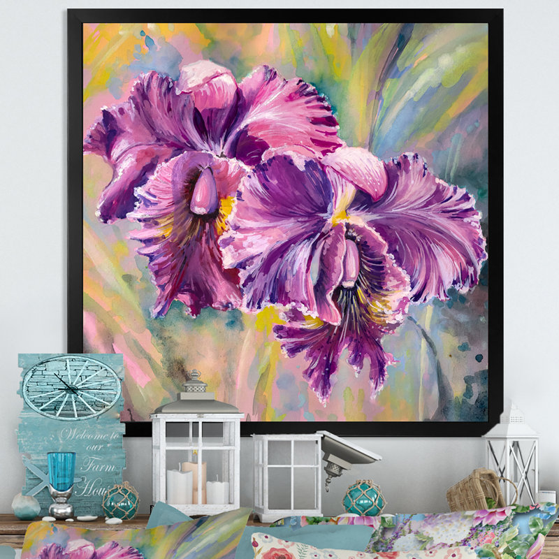 Fleurs d'orchidées - On, Impression noire sur toile encadrée, H 16 po x l 16 po x P 1 po