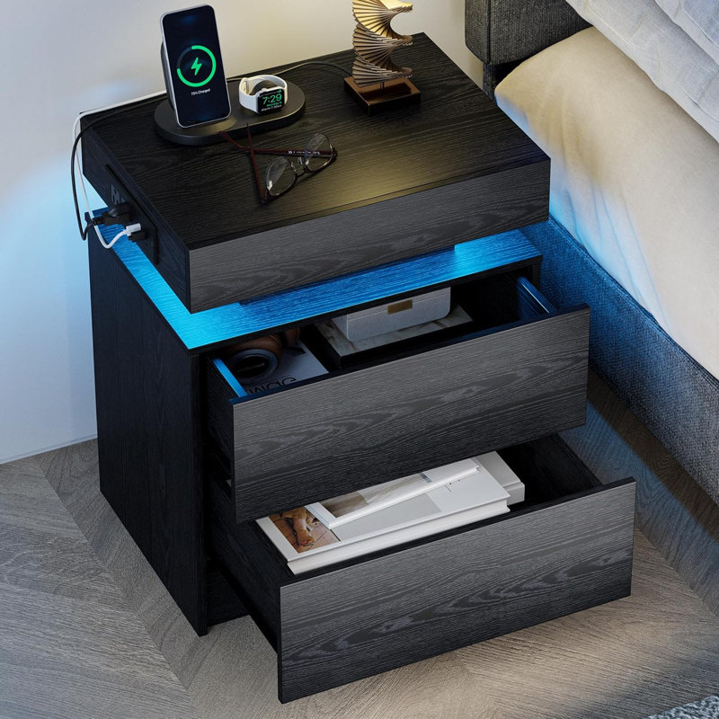 Westerly Modern Style Wooden Nightstand with LED Light and Storage Drawers, Black, 2