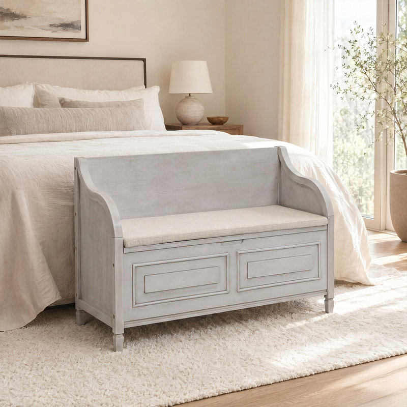 Banc de rangement élégant en bois massif avec compartiment caché et charnière de sécurité, Gris