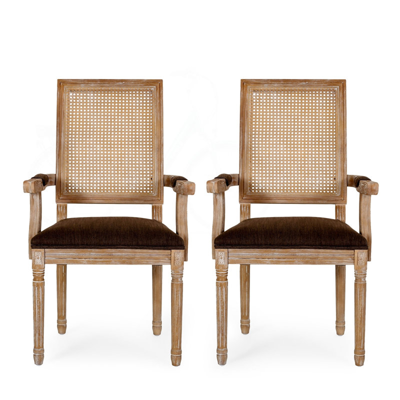 Chaises de salle à manger rembourrées French Country avec dossier canne et pieds cannelés, ensemble de 2, Brown, Brown