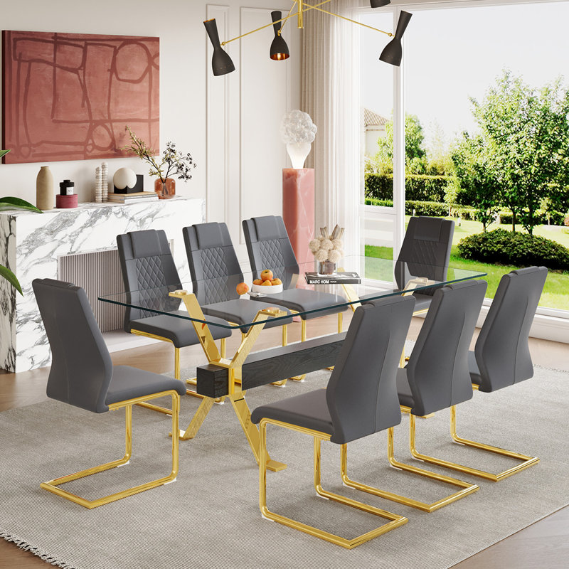 7-Piece Glass Top Dining Table Sets, Gray/Gold, Gold