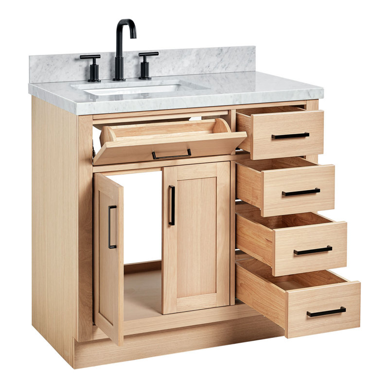 Meuble-lavabo simple en bois massif 36 po Tidworth avec plateau en marbre de Carrare 1,5 po, Gauche, Forme rectangulaire
