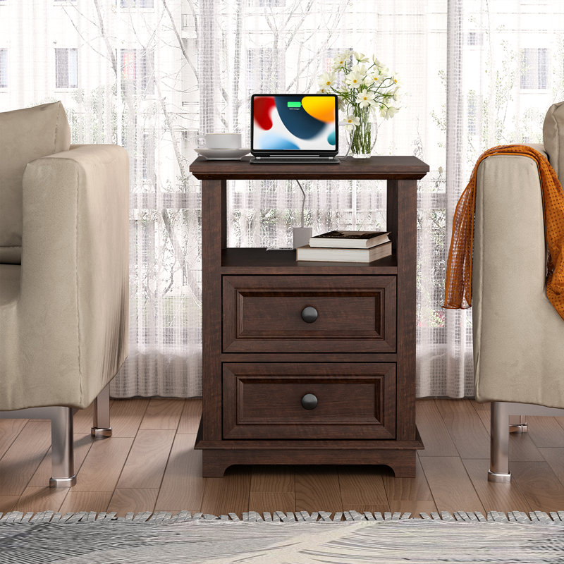 Azella Frame 2 End Table Set with Storage and Built-In Outlets, Cherry Top/Cherry Base