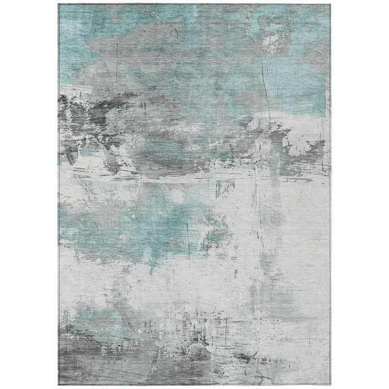 Tapis d'extérieur lavable abstrait bleu sarcelle 3 pi x 5 pi bleu et gris