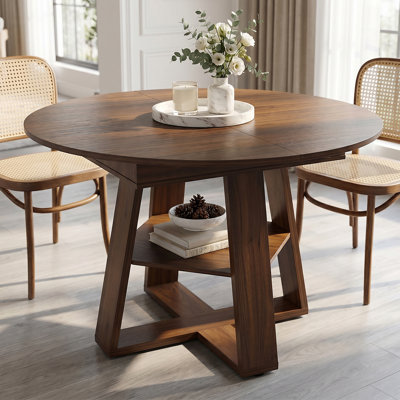 Ameeria Space-Saving Extendable Round Dining Table with with Hidden Storage & Cross Base, Round Extendable Table for 4-6 People, Kitchen Table